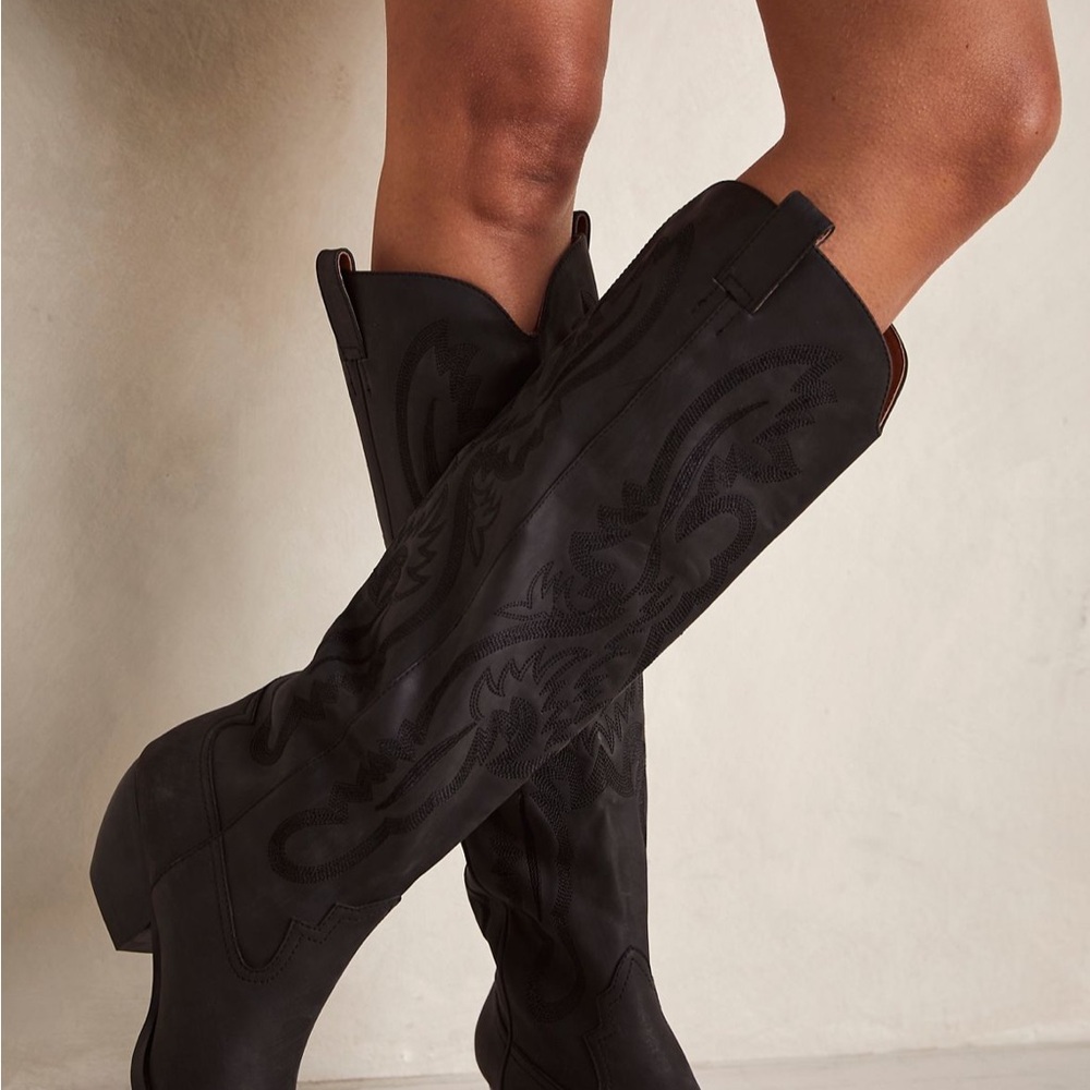 Free People Black Embroidered Heeled Boots